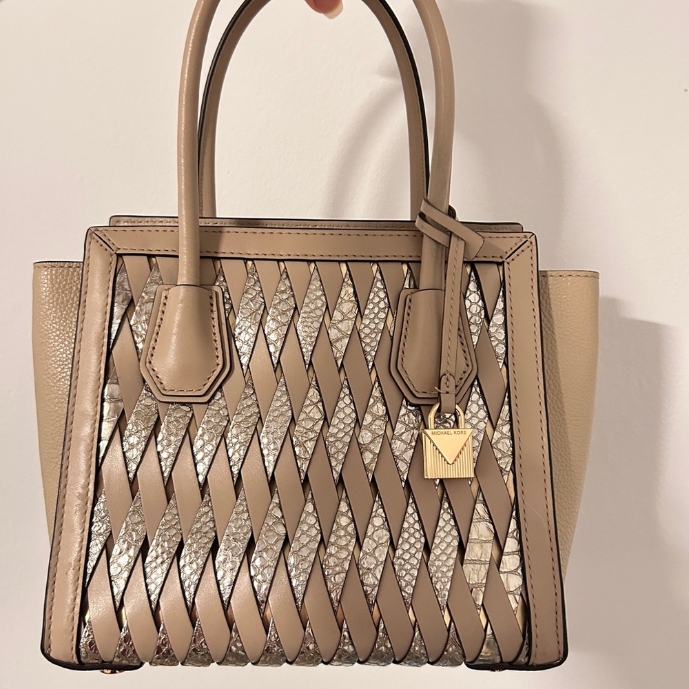 Michael Kors Tan and Gold Crossbody Bag with Woven Design